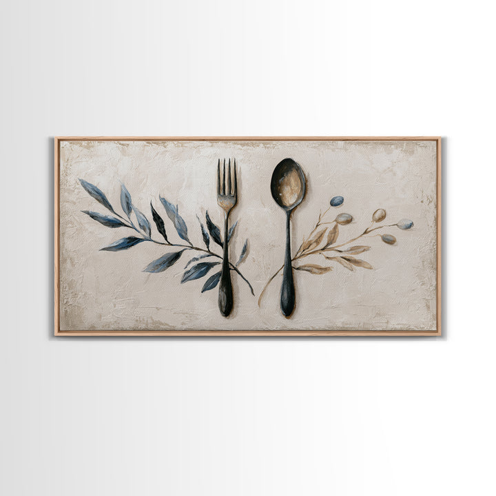Minimal Fork Spoon and Herb Composition Framed Canvas Print, Dining Room Art, Gallery Decor, Dining Room Decor, Dining, DRA-2x1-42