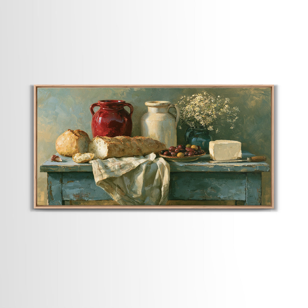 Rustic Bread Olives and Cheese Still Life Framed Canvas Print, Dining Room Art, Luxury Decor, Dining Room Decor, Dining, DRA-2x1-50