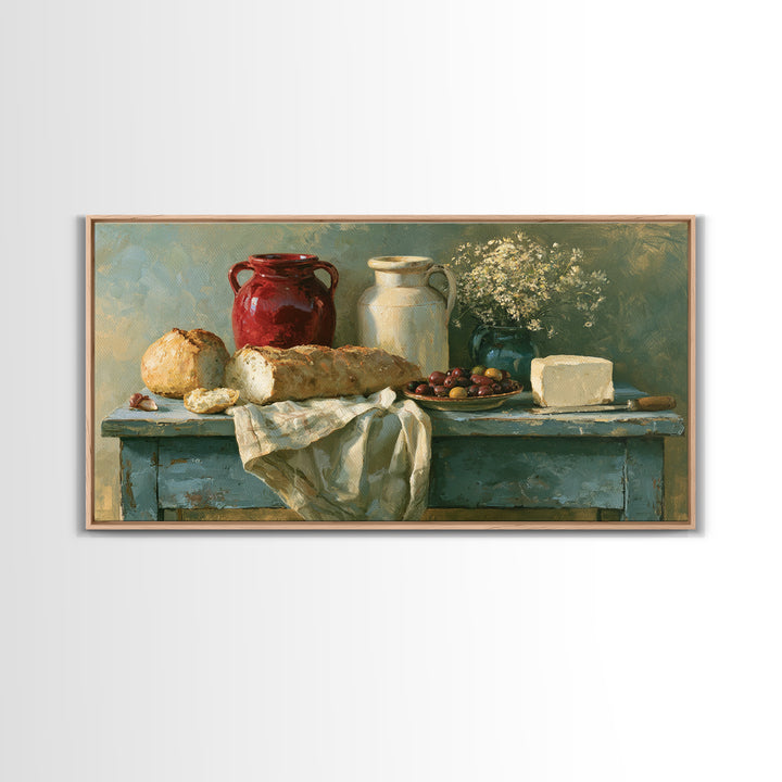 Rustic Bread Olives and Cheese Still Life Framed Canvas Print, Dining Room Art, Luxury Decor, Dining Room Decor, Dining, DRA-2x1-50