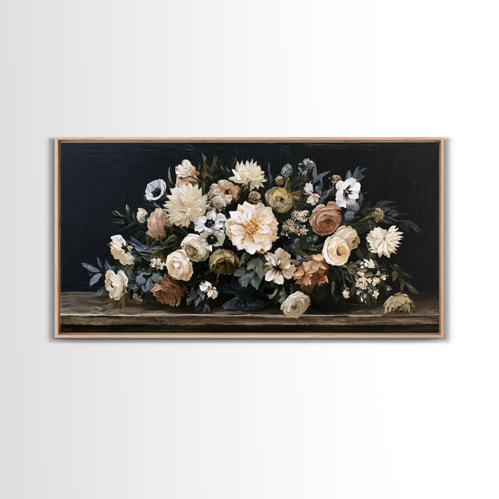 Moody Dark Background Bouquet for Formal Dining Canvas Print, Dining Room Art, Contemporary Art, Dining Room Decor, Dining, DRA-2x1-7