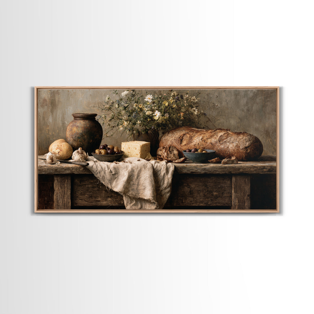 Rustic Bread Olives and Cheese Still Life Canvas Print, Dining Room Art, Dining Room Decor, Watercolor Art, Dining, DRA-2x1-74