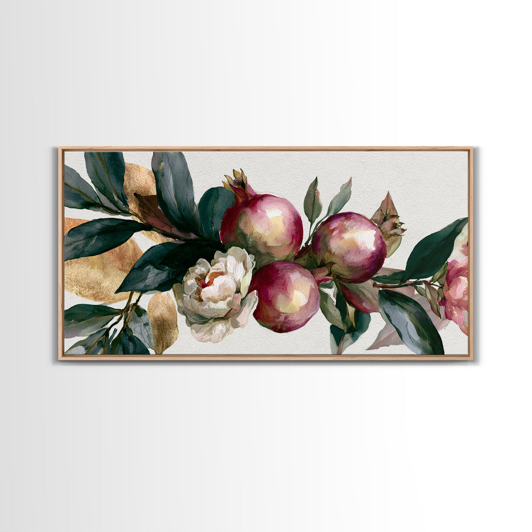 Pomegranate and Gold Leaf Botanical Study Canvas Print, Dining Room Art, Kitchen Art, Dining Room Decor, Fine Art, Dining, DRA-2x1-76