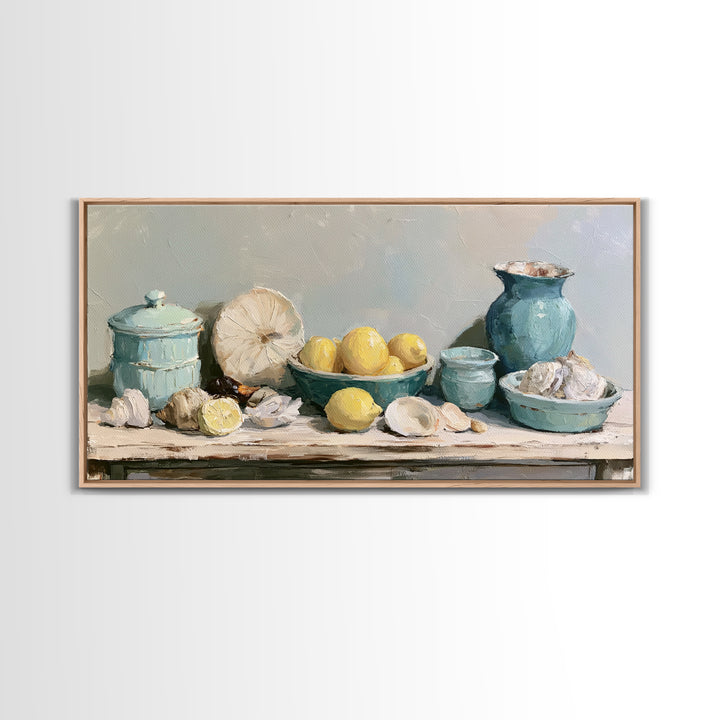 Shellfish and Lemon Still Life Framed Canvas Print, Dining Room Art, Abstract Wall Art, Dining Room Decor, Fine Art, Dining, DRA-2x1-84