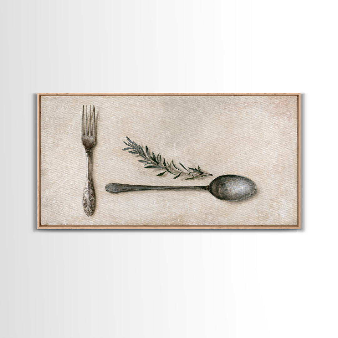 Minimal Fork Spoon and Herb Composition Framed Canvas Print, Dining Room Art, Dining Room Decor, Oil Painting, Dining, DRA-2x1-90