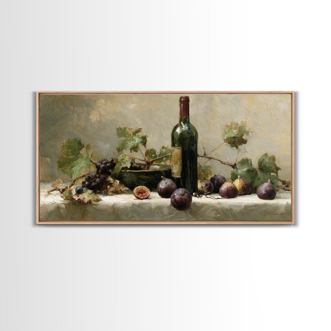 Wine Bottle and Figs on a Linen Framed Canvas Print, Dining Room Art, Coastal Decor, Dining Room Decor, Fine Art, Dining, DRA-2x1-95