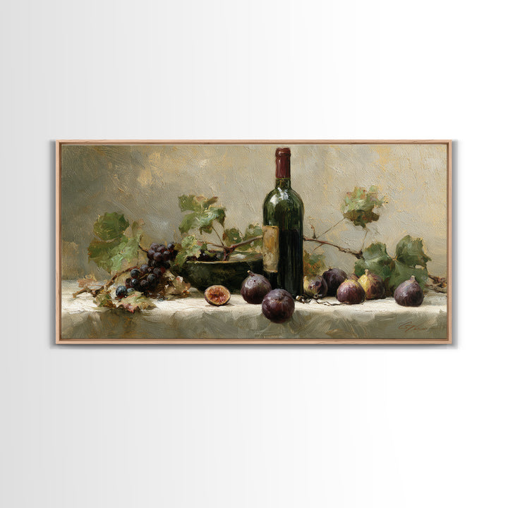 Wine Bottle and Figs on a Linen Framed Canvas Print, Dining Room Art, Coastal Decor, Dining Room Decor, Fine Art, Dining, DRA-2x1-95
