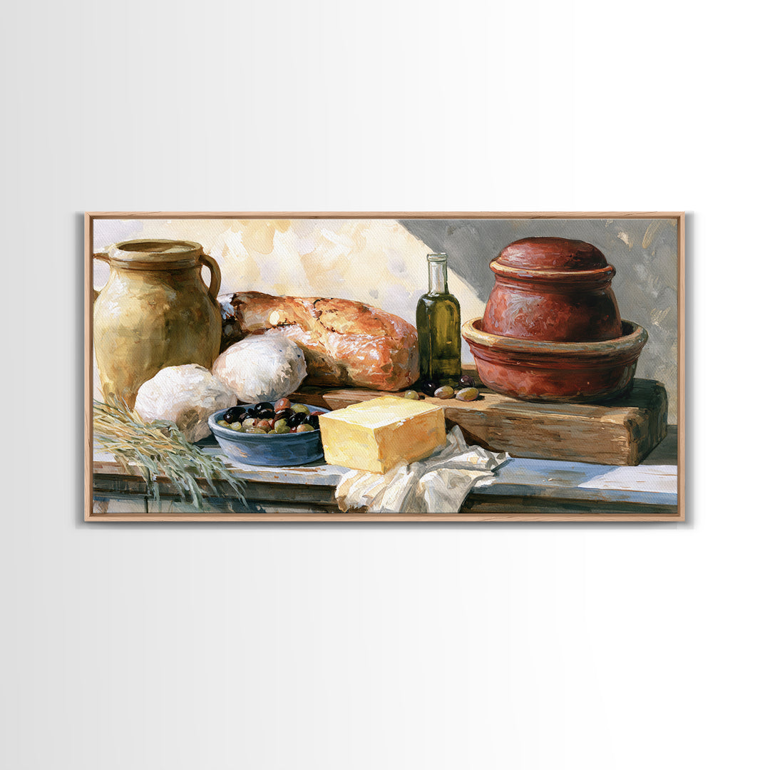 Rustic Bread Olives and Cheese Still Life Canvas Print, Dining Room Art, Dining Room Decor, Watercolor Art, Dining, DRA-2x1-98