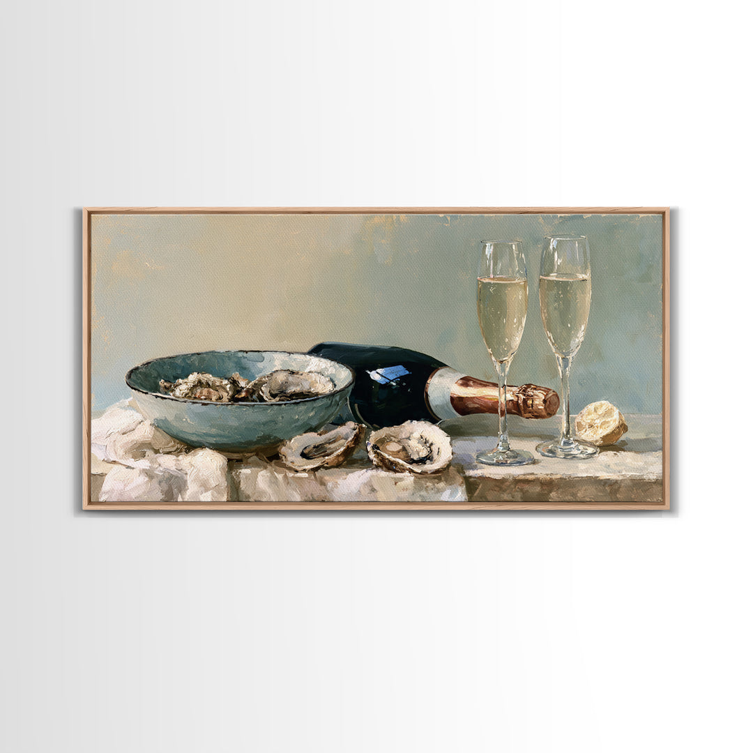 Elegant Oyster and Champagne Still Life Framed Canvas Print, Dining Room Art, Kitchen Wall Art, Dining Room Decor, Dining, DRA-2x1-99
