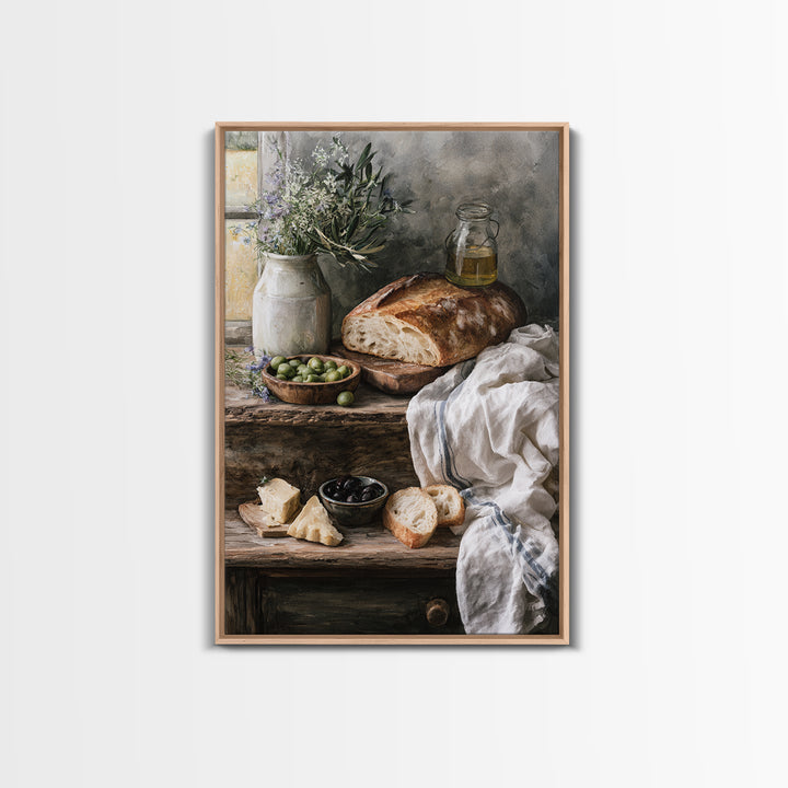 Rustic Bread Olives and Cheese Still Life Canvas Print, Dining Room Art, Modern Decor, Dining Room Decor, Oil Painting, Dining, DRA-2x3-14