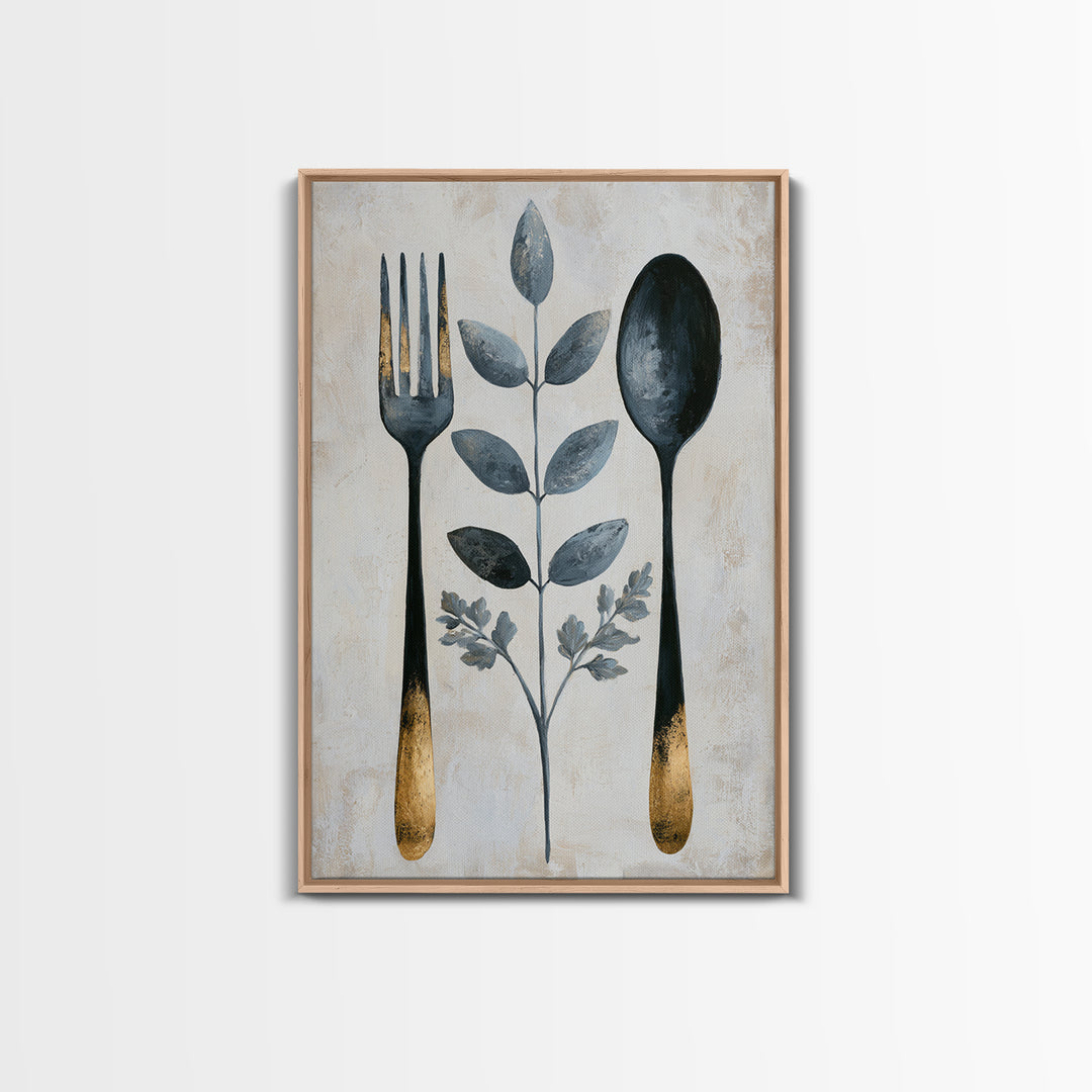 Minimal Fork Spoon and Herb Composition Framed Canvas Print, Dining Room Art, Wall Decor, Dining Room Decor, Fine Art, Dining, DRA-2x3-30