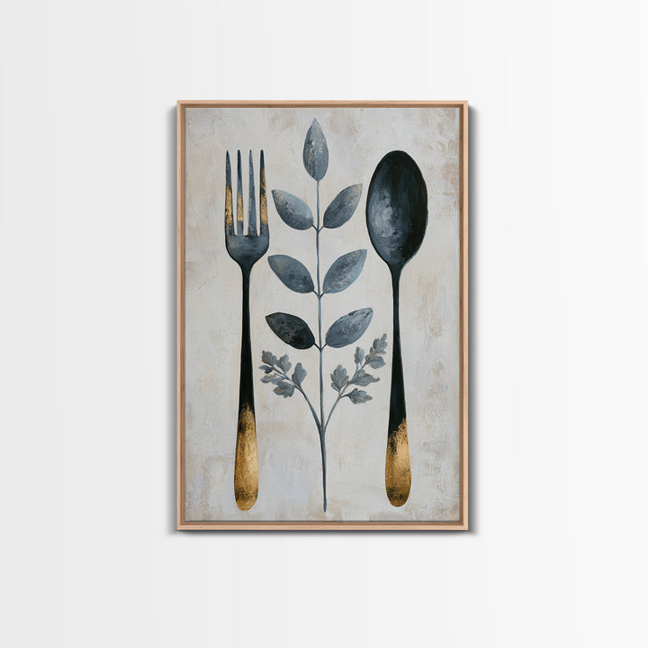 Minimal Fork Spoon and Herb Composition Framed Canvas Print, Dining Room Art, Wall Decor, Dining Room Decor, Fine Art, Dining, DRA-2x3-30