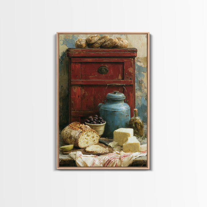 Rustic Bread Olives and Cheese Still Life Framed Canvas Print, Dining Room Art, Art Print, Dining Room Decor, Fine Art, Dining, DRA-2x3-38