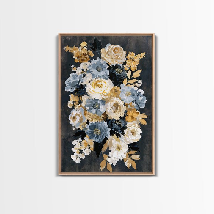Moody Dark Background Bouquet for Formal Dining Framed Canvas Print, Dining Room Art, Neutral Decor, Dining Room Decor, Dining, DRA-2x3-43