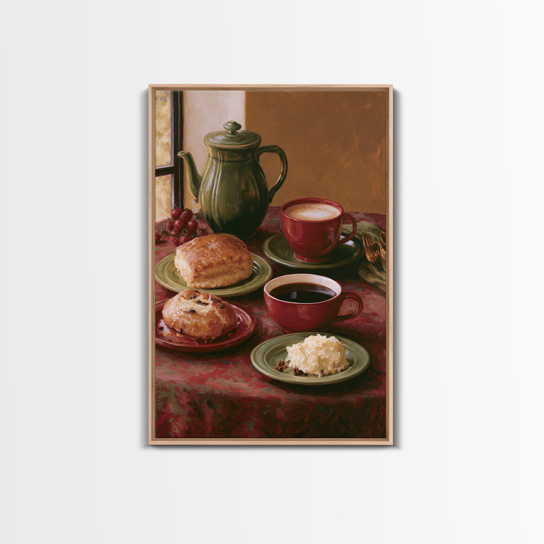 Coffee and Pastry Scene for Breakfast Nook Framed Canvas Print, Dining Room Art, Statement Artwork, Dining Room Decor, Dining, DRA-2x3-46