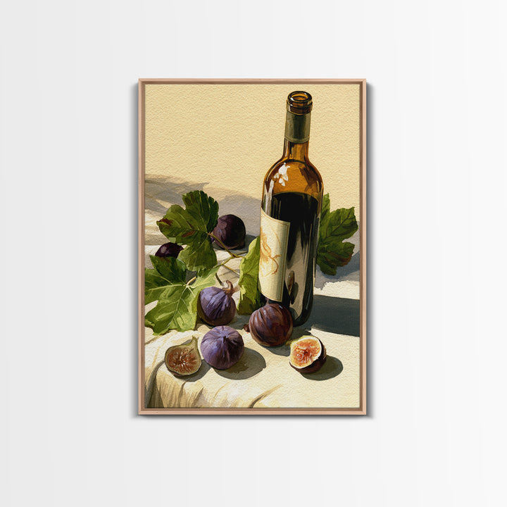 Wine Bottle and Figs on a Linen Framed Canvas Print, Dining Room Art, Boho Decor, Dining Room Decor, Abstract Art, Dining, DRA-2x3-59