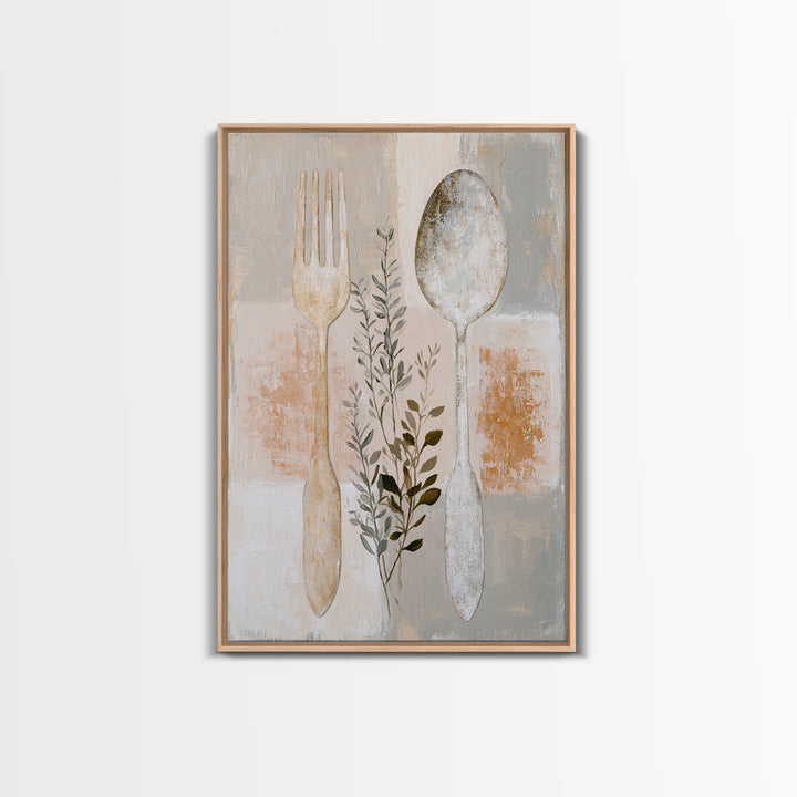 Minimal Fork Spoon and Herb Composition Framed Canvas Print, Dining Room Art, Wall Decor, Dining Room Decor, Fine Art, Dining, DRA-2x3-6