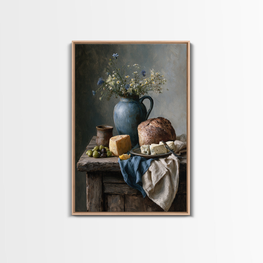 Rustic Bread Olives and Cheese Still Life Canvas Print, Dining Room Art, Wall Art, Dining Room Decor, Abstract Art, Dining, DRA-2x3-62
