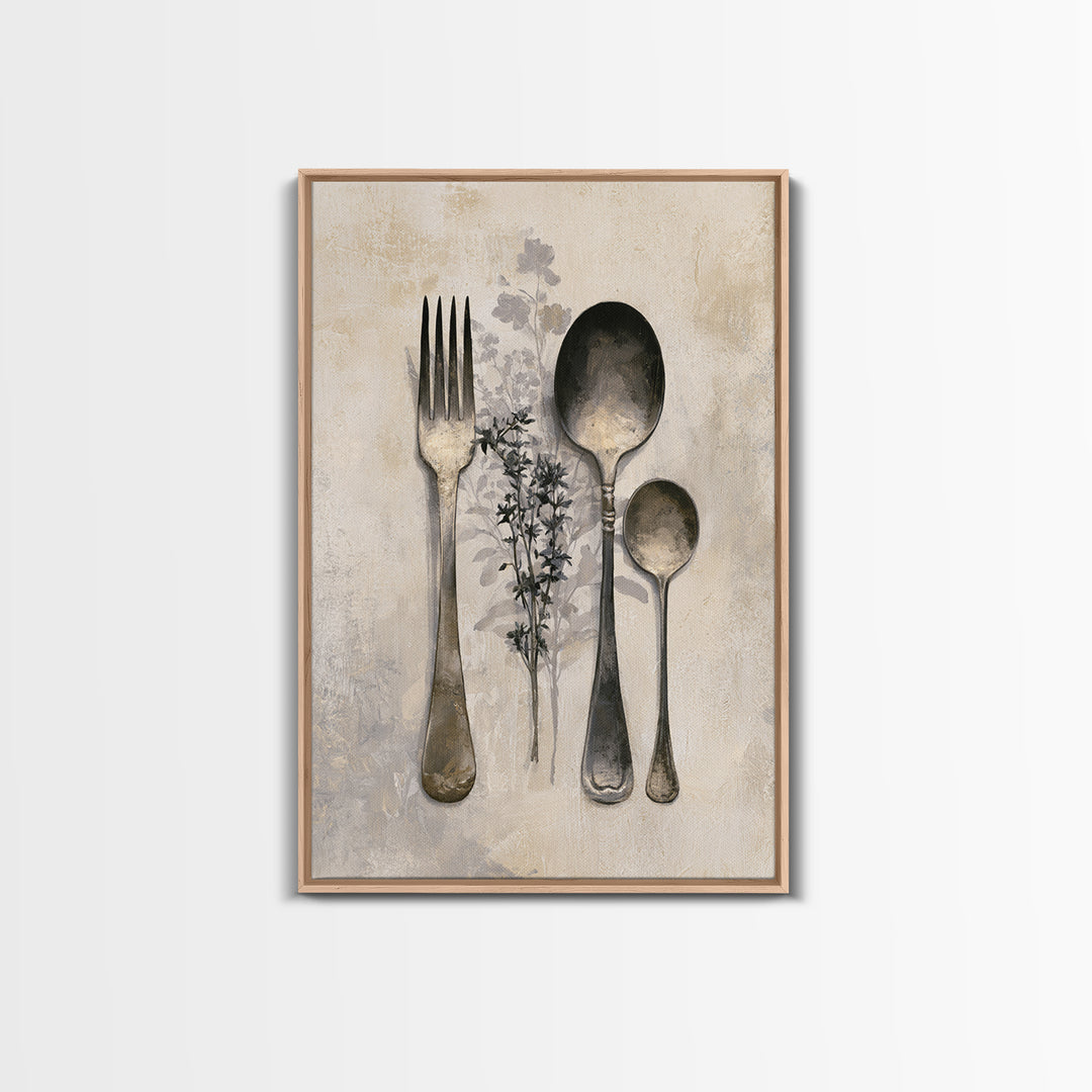 Minimal Fork Spoon and Herb Composition Framed Canvas Print, Dining Room Art, Minimalist Decor, Dining Room Decor, Dining, DRA-2x3-78