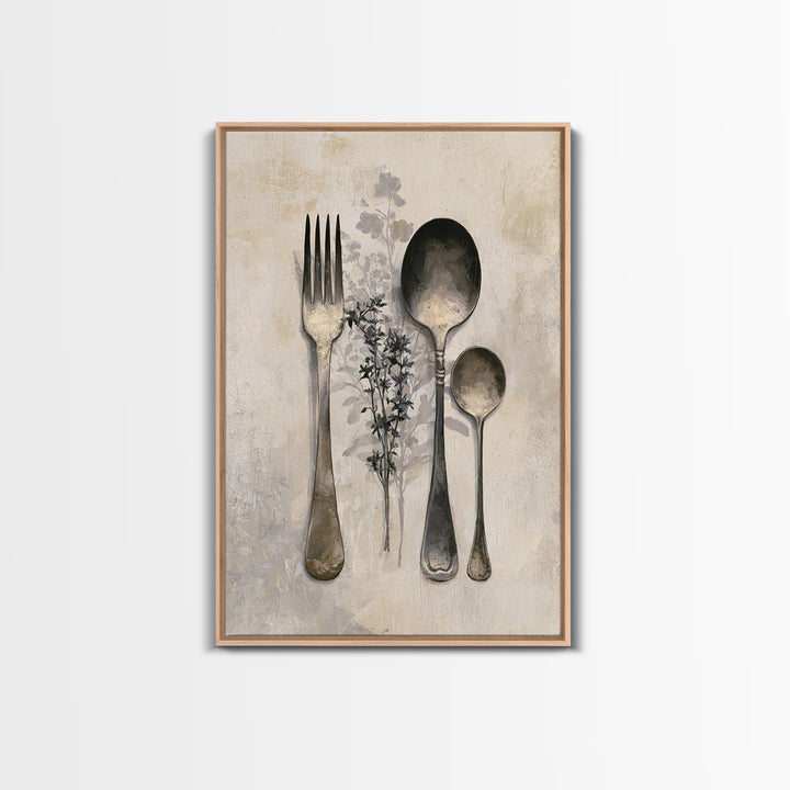 Minimal Fork Spoon and Herb Composition Framed Canvas Print, Dining Room Art, Minimalist Decor, Dining Room Decor, Dining, DRA-2x3-78