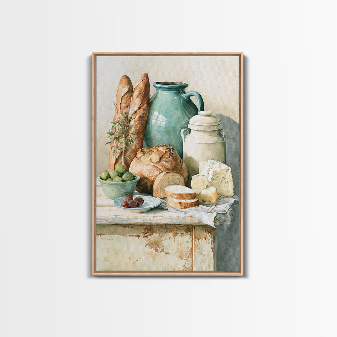 Rustic Bread Olives and Cheese Still Life Canvas Print, Dining Room Art, Wall Art, Dining Room Decor, Abstract Art, Dining, DRA-2x3-86