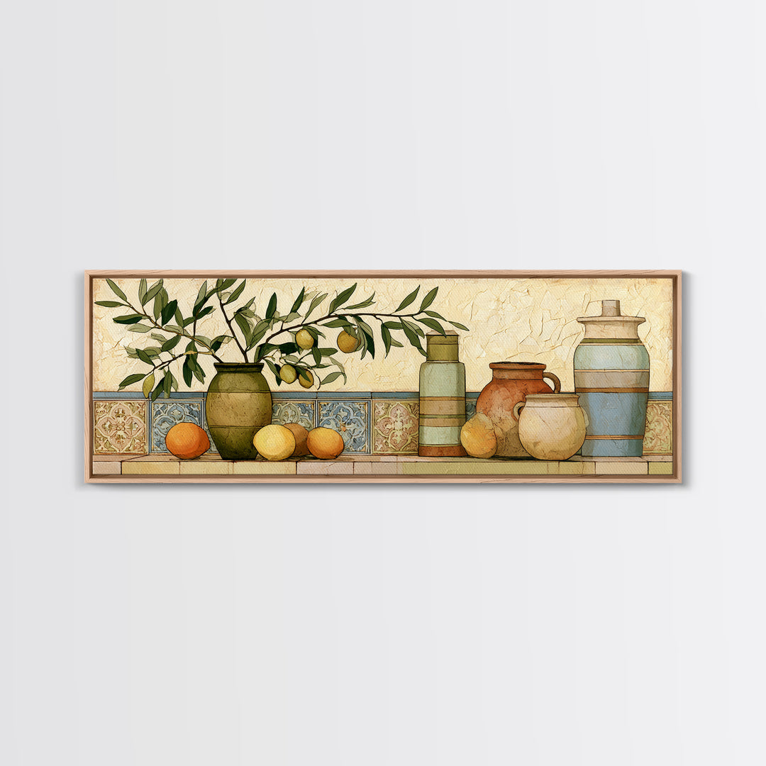 Mediterranean Olive Branch and Citrus Arrangement Canvas Print, Dining Room Art, Coastal Wall Art, Dining Room Decor, Dining, DRA-3x1-100
