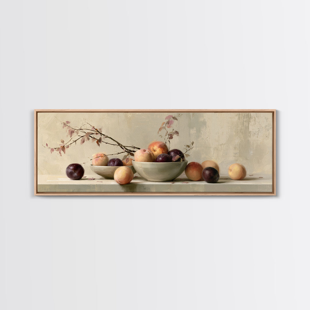 Peach and Plum Still Life Framed Canvas Print, Dining Room Art, Kitchen Wall Decor, Dining Room Decor, Fine Art, Dining, DRA-3x1-12
