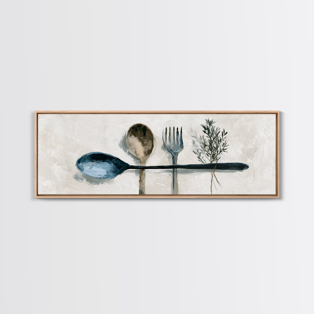 Minimal Fork Spoon and Herb Composition Canvas Print, Dining Room Art, Coastal Wall Art, Dining Room Decor, Fine Art, Dining, DRA-3x1-14
