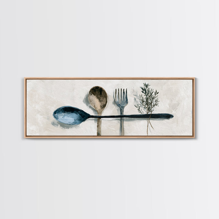 Minimal Fork Spoon and Herb Composition Canvas Print, Dining Room Art, Coastal Wall Art, Dining Room Decor, Fine Art, Dining, DRA-3x1-14
