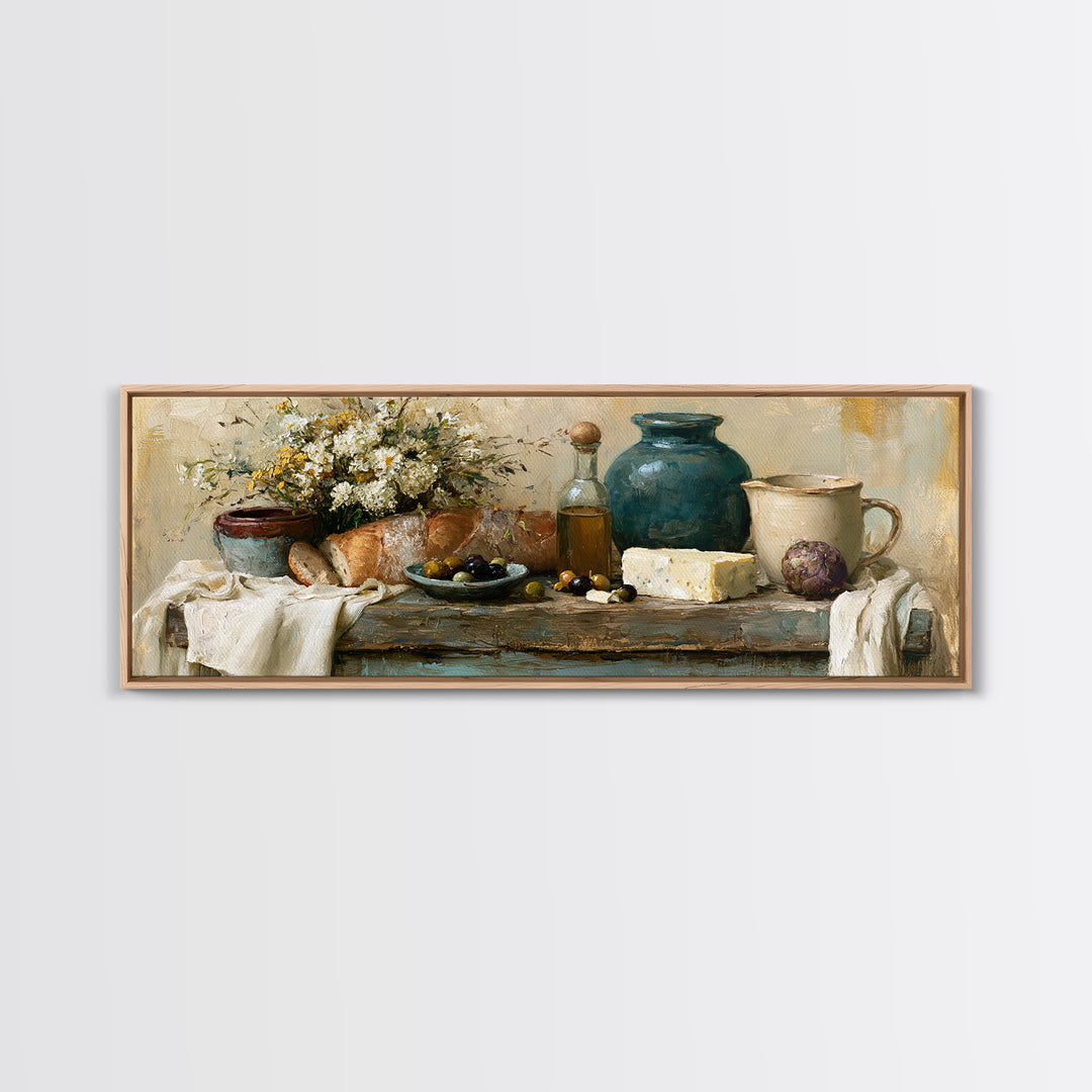 Rustic Bread Olives and Cheese Still Life Canvas Print, Dining Room Art, Neutral Decor, Dining Room Decor, Abstract Art, Dining, DRA-3x1-22