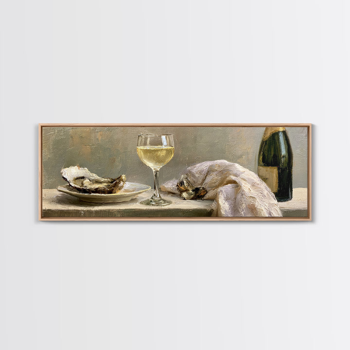 Elegant Oyster and Champagne Still Life Framed Canvas Print, Dining Room Art, Neutral Decor, Dining Room Decor, Dining, DRA-3x1-23