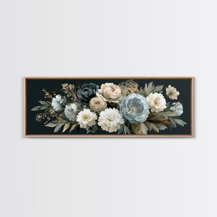 Moody Dark Background Bouquet for Formal Dining Framed Canvas Print, Dining Room Art, Modern Decor, Dining Room Decor, Dining, DRA-3x1-27
