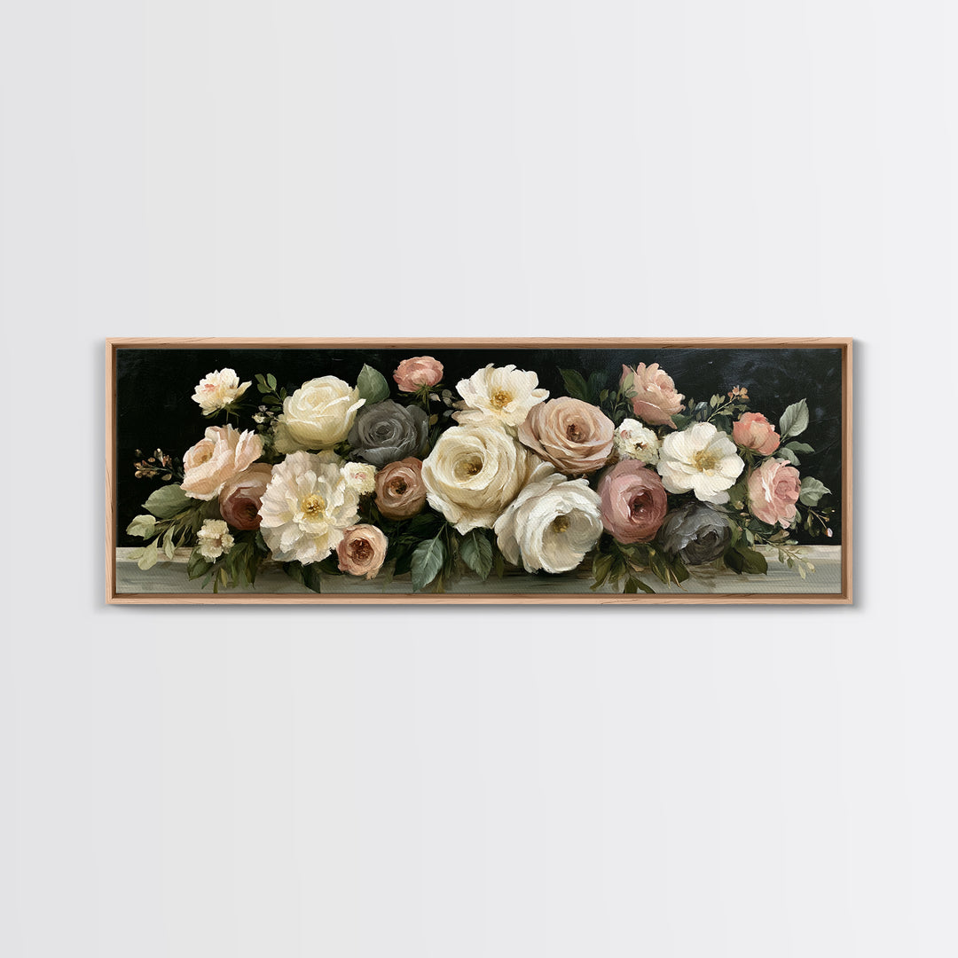 Moody Dark Background Bouquet for Formal Dining Canvas Print, Dining Room Art, Trendy Wall Art, Dining Room Decor, Dining, DRA-3x1-3
