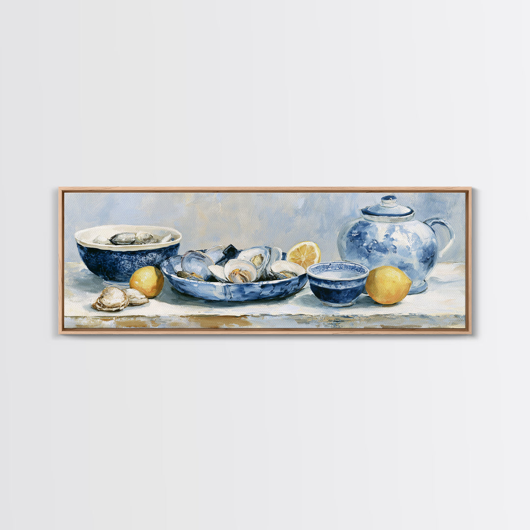 Shellfish and Lemon Still Life Framed Canvas Print, Dining Room Art, Trendy Wall Art, Dining Room Decor, Watercolor Art, Dining, DRA-3x1-32