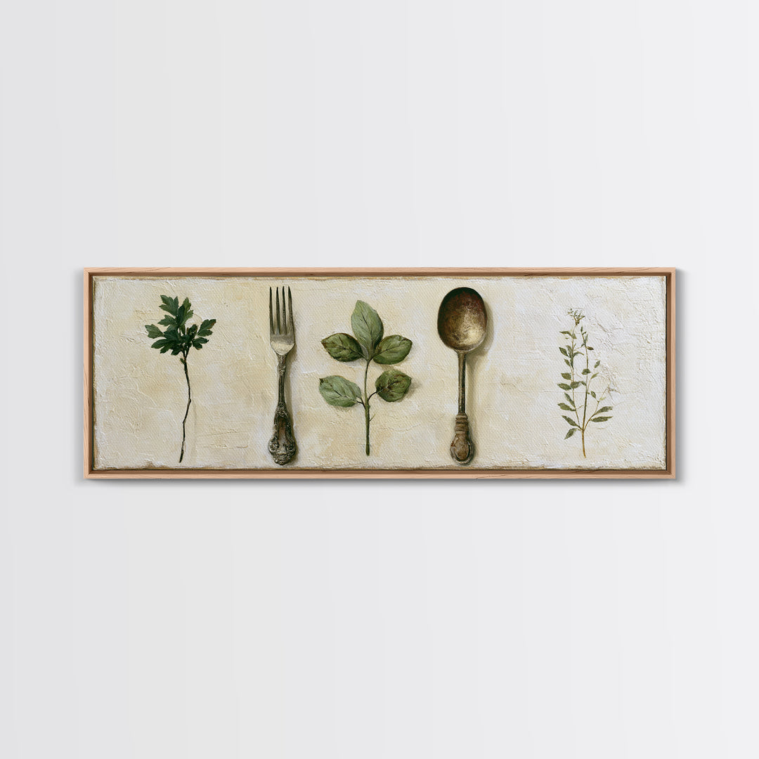 Minimal Fork Spoon and Herb Composition Canvas Print, Dining Room Art, Print, Dining Room Decor, Dining, Living Room Decor, DRA-3x1-38