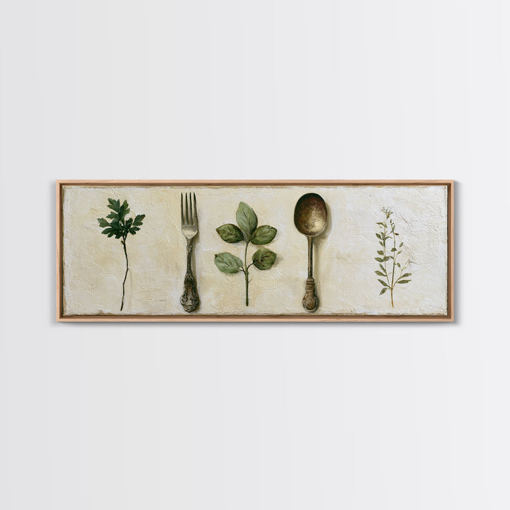 Minimal Fork Spoon and Herb Composition Canvas Print, Dining Room Art, Print, Dining Room Decor, Dining, Living Room Decor, DRA-3x1-38