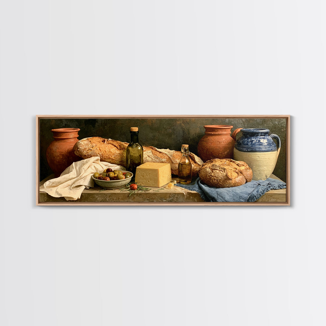 Rustic Bread Olives and Cheese Still Life Canvas Print, Dining Room Art, Kitchen Wall Art, Dining Room Decor, Fine Art, Dining, DRA-3x1-46
