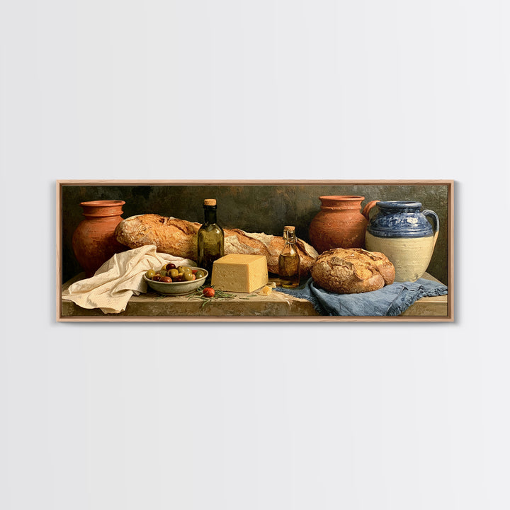 Rustic Bread Olives and Cheese Still Life Canvas Print, Dining Room Art, Kitchen Wall Art, Dining Room Decor, Fine Art, Dining, DRA-3x1-46