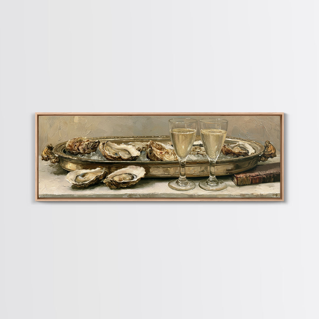 Elegant Oyster and Champagne Still Life Framed Canvas Print, Dining Room Art, Dining Room Decor, Oil Painting, Dining, DRA-3x1-47