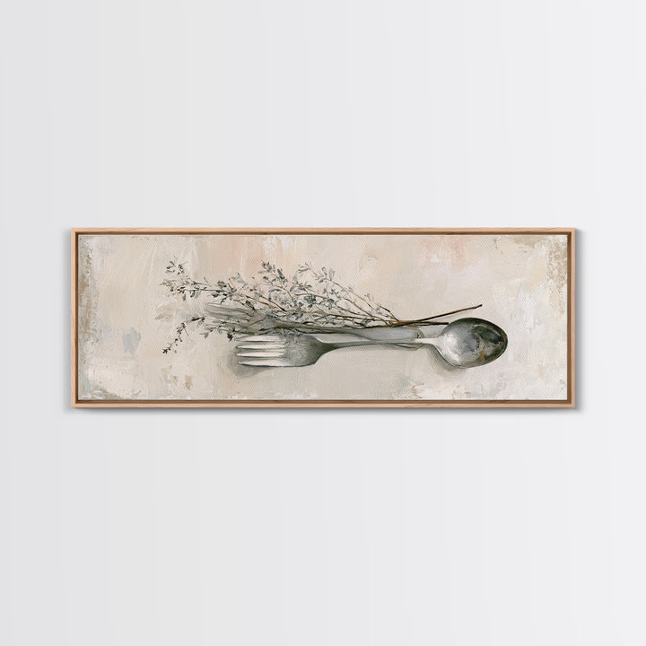 Minimal Fork Spoon and Herb Composition Canvas Print, Dining Room Art, Coastal Decor, Dining Room Decor, Oil Painting, Dining, DRA-3x1-62