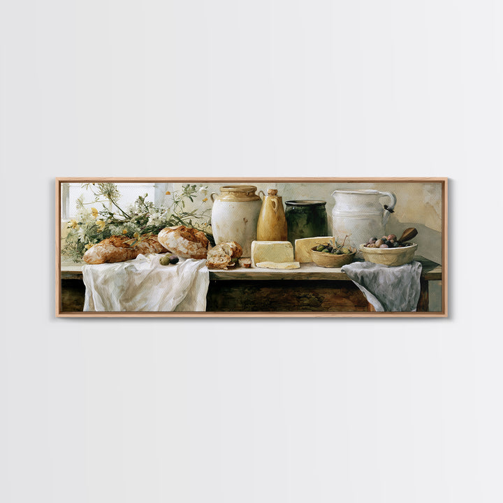 Rustic Bread Olives and Cheese Still Life Canvas Print, Dining Room Art, Modern Decor, Dining Room Decor, Oil Painting, Dining, DRA-3x1-70