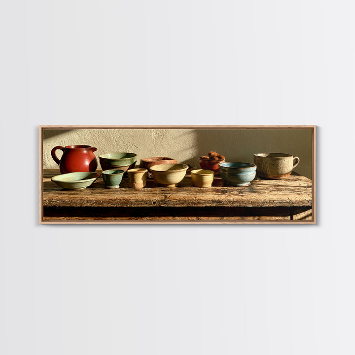 Sunlit Farmhouse Table Objects Without Room View Framed Canvas Print, Dining Room Art, Kitchen Art, Dining Room Decor, Dining, DRA-3x1-81