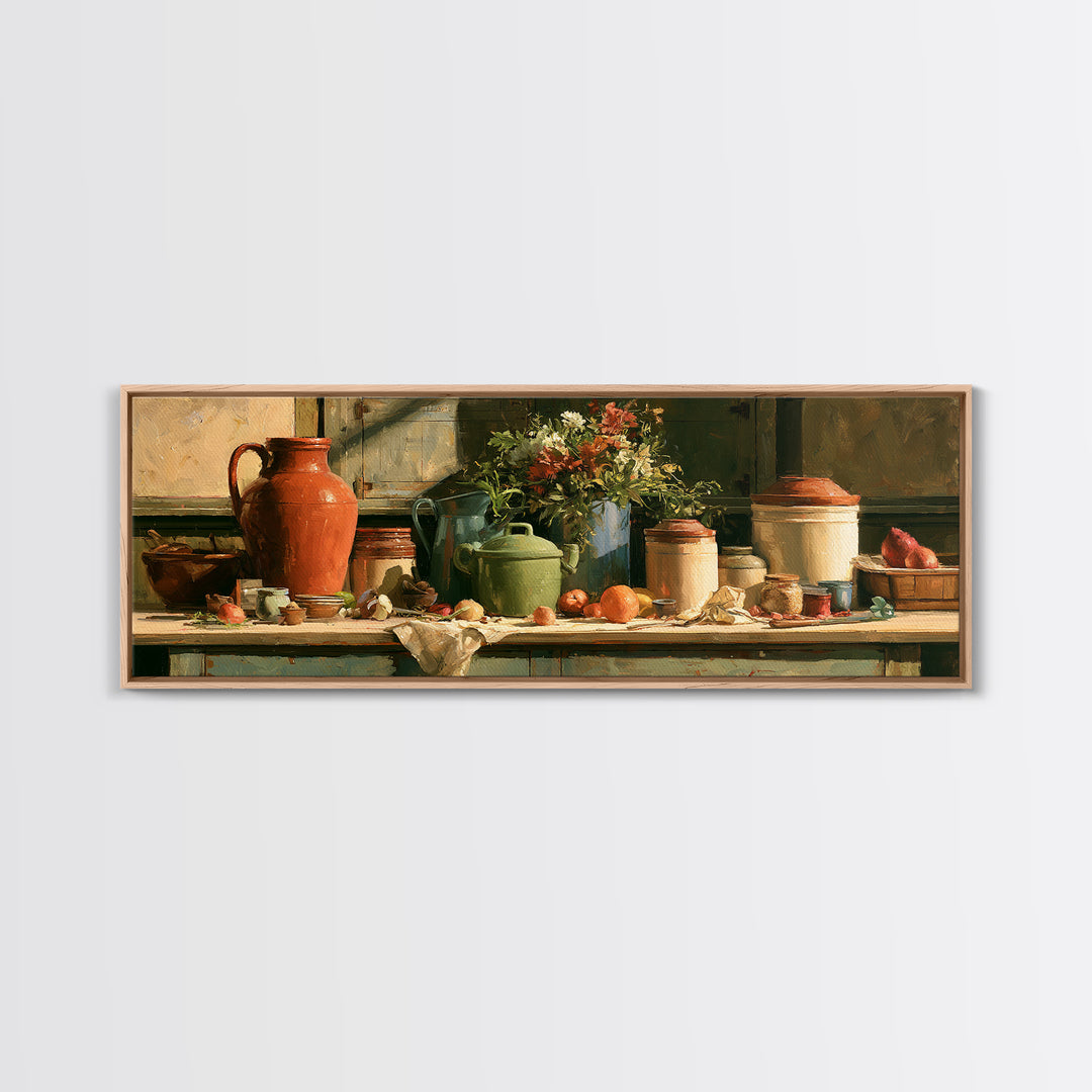 Sunlit Farmhouse Table Objects Without Room View Framed Canvas Print, Dining Room Art, Print, Dining Room Decor, Dining, DRA-3x1-9