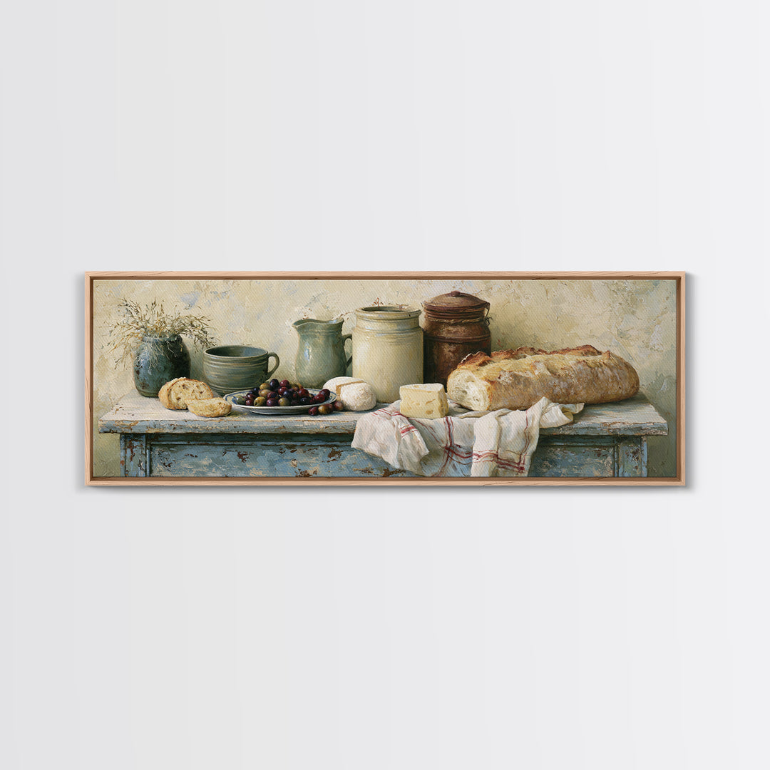 Rustic Bread Olives and Cheese Still Life Canvas Print, Dining Room Art, Dining Room Decor, Watercolor Art, Dining, DRA-3x1-94