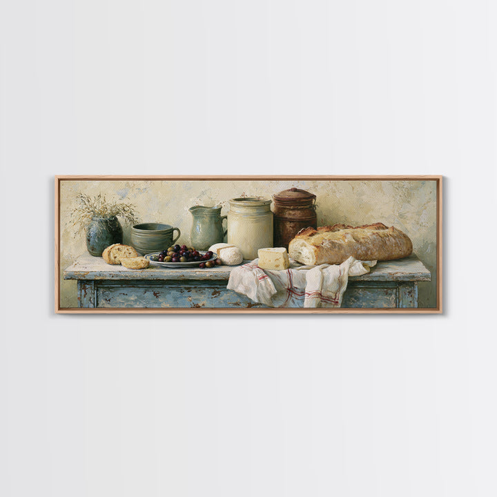 Rustic Bread Olives and Cheese Still Life Canvas Print, Dining Room Art, Dining Room Decor, Watercolor Art, Dining, DRA-3x1-94