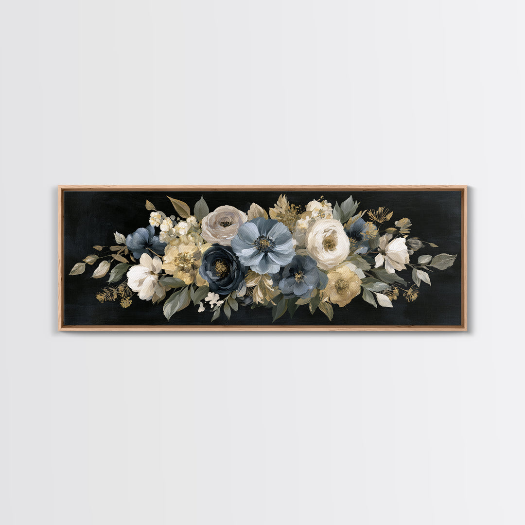 Moody Dark Background Bouquet for Formal Dining Framed Canvas Print, Dining Room Art, Wall Decor, Dining Room Decor, Dining, DRA-3x1-99