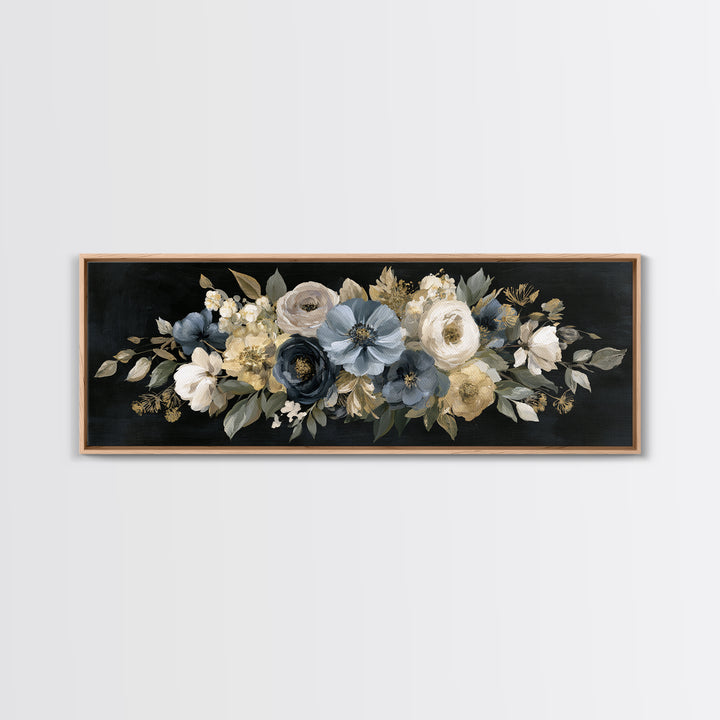Moody Dark Background Bouquet for Formal Dining Framed Canvas Print, Dining Room Art, Wall Decor, Dining Room Decor, Dining, DRA-3x1-99