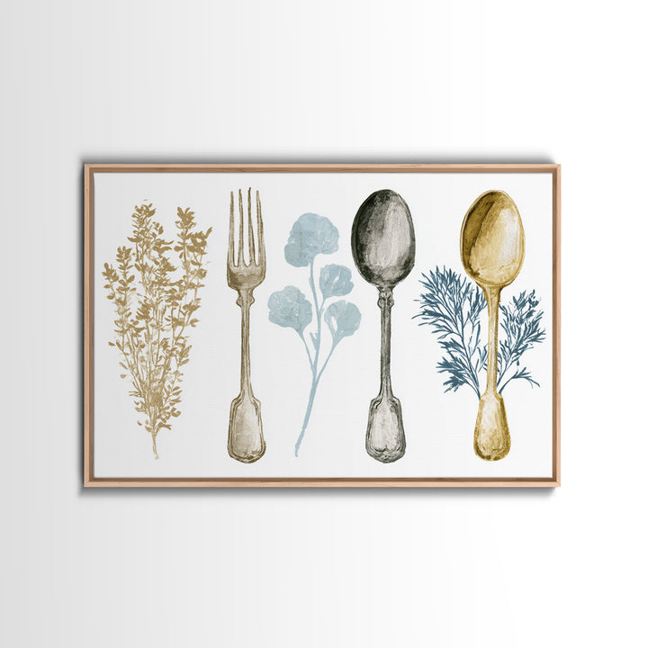 Minimal Fork Spoon and Herb Composition Framed Canvas Print, Dining Room Art, Minimalist Decor, Dining Room Decor, Dining, DRA-3x2-2