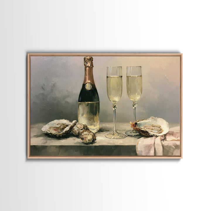 Elegant Oyster and Champagne Still Life Framed Canvas Print, Dining Room Art, Living Room Decor, Dining Room Decor, Dining, DRA-3x2-35