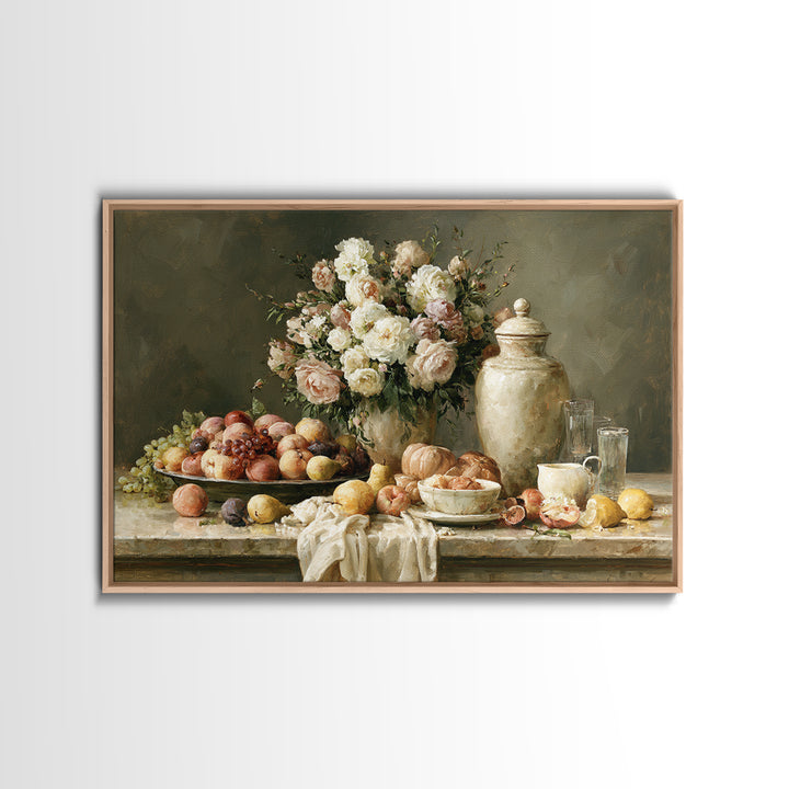 Classic Dutch Feast Arrangement Framed Canvas Print, Dining Room Art, Food Art, Dining Room Decor, Oil Painting, Dining, DRA-3x2-47