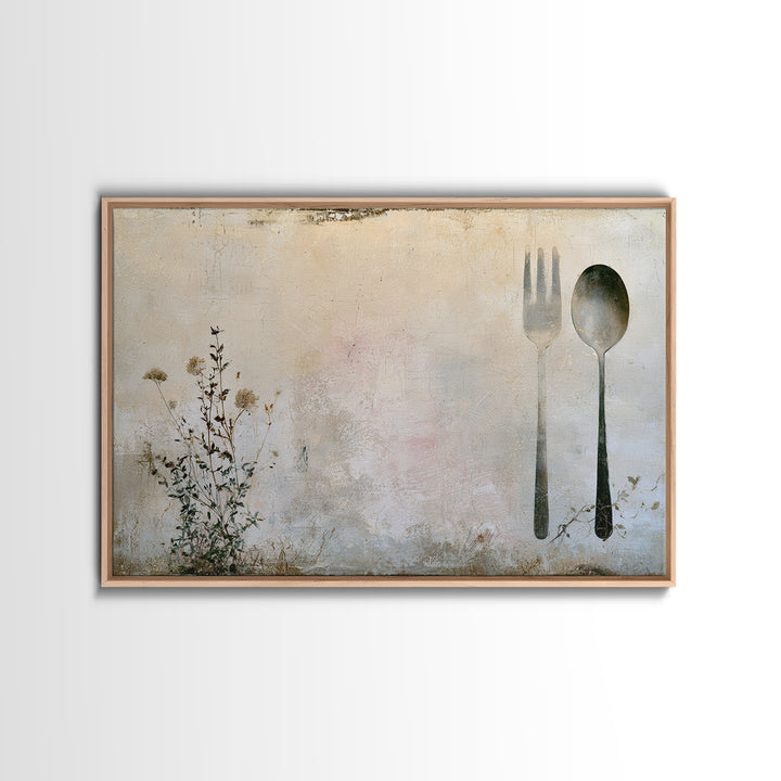 Minimal Fork Spoon and Herb Composition Framed Canvas Print, Dining Room Art, Kitchen Decor, Dining Room Decor, Oil Painting, DRA-3x2-50